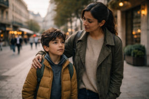 Madre e hijo migrantes caminando por una ciudad de europa