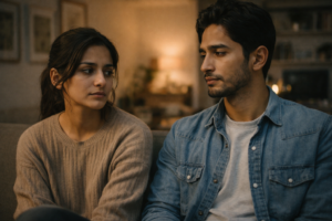 Pareja binacional sentada en un sillón