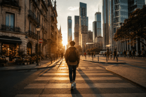Persona migrante caminando hacia una ciudad moderna, símbolo del crecimiento y la transformación personal durante la migración.