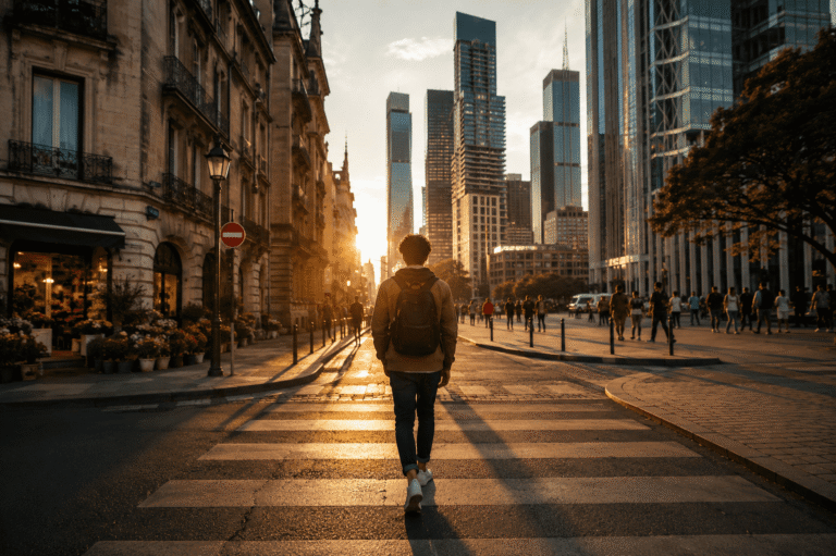 Persona migrante caminando hacia una ciudad moderna, símbolo del crecimiento y la transformación personal durante la migración.