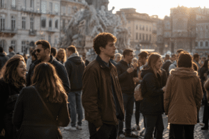 Persona rodeada de gente en una ciudad extranjera que refleja la soledad emocional durante la migración.